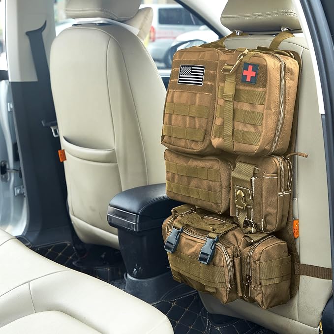 Universal Tactical Car Seat Back Organizer Bag Tactical Molle Vehicle Organizers Panel Vehicle Protector Organizers with 5 Detachable Pouches for Car Truck Ford Jeep (Khaki) - Image 8