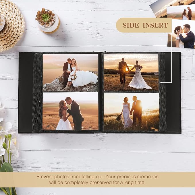 potricher Small Photo Album 4x6 200 Photos, Leather Cover, Black | Leather 4x6 Picture Album with 200 Horizontal Pockets, Photo Book for Family, Wedding, Anniversary, and Baby - Image 3