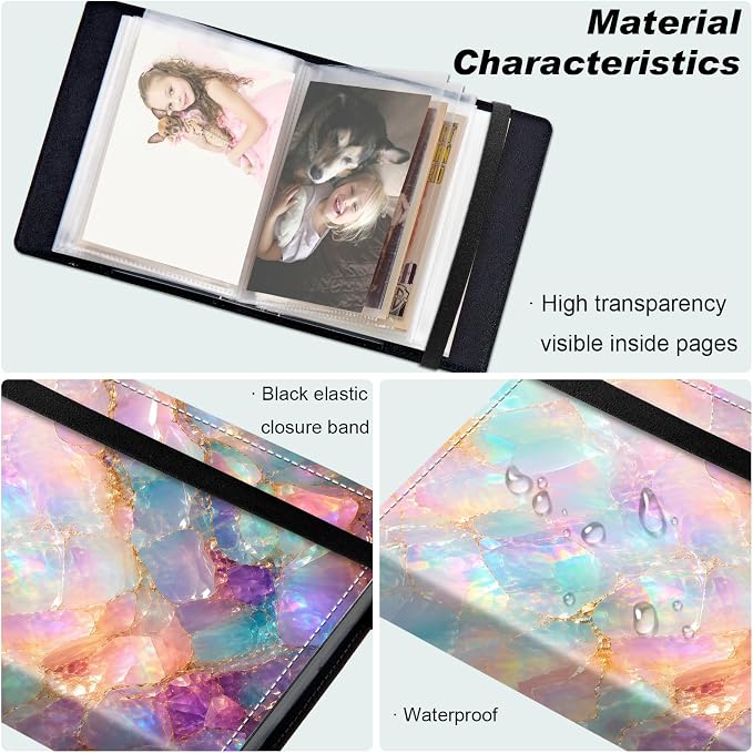 Small Photo Album 4x6, 60 Pockets Holds 120 Photos, Slip-in Pocket Photo Storage Book with Black Elastic Band for Family Wedding Baby Travel Pictures, Iridescent Gold Crystal Agate - Image 5
