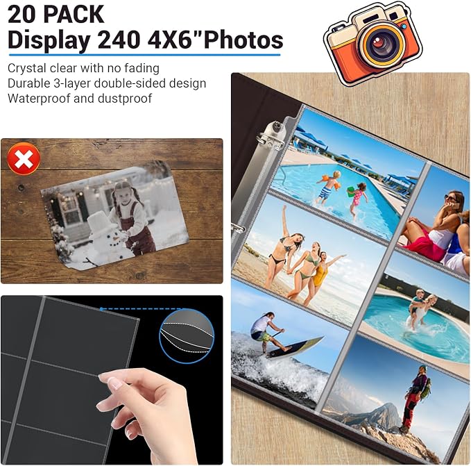 20 Pack 4x6" Photo Album Refill Pages, 12x12, 240 Pockets, Double-Sided, Clear, Water/Dust Proof, 3 Ring Binder Compatible - Image 4