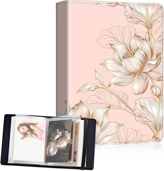 Small Photo Album 5x7, 60 Pockets Holds 120 Photos, Slip-in Pocket Photo Album with Black Elastic Band for Family Wedding Baby Travel Pictures, Pink And Gold Lotus Flower by Unknown