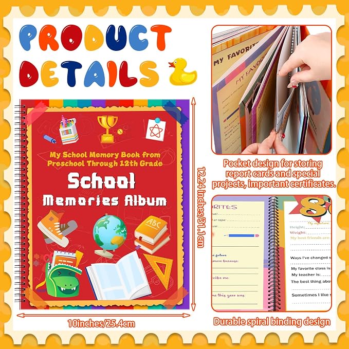 Motipuns School Memory Book Photo Album for Kids, Stripes | School Years Keepsake Book Album Scrapbook from Preschool Through 12th Grade with 14 Pocket for Storage Portfolio Pictures - Image 2