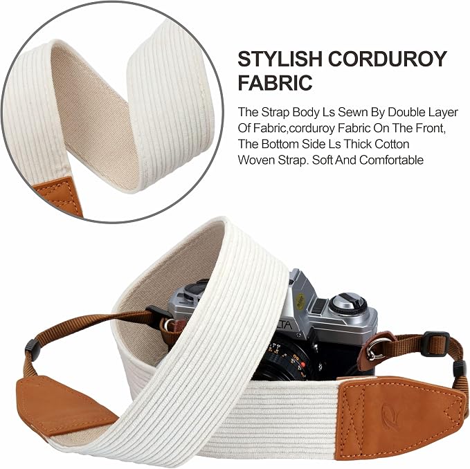 Padwa Lifestyle Corduroy Camera Strap - 2" Double Layer Full Grain Cowhide Leather Head Camera Straps for Photographers, Unique Soft Corduroy Fabric with Quick Release fits all Cameras(White) - Image 4