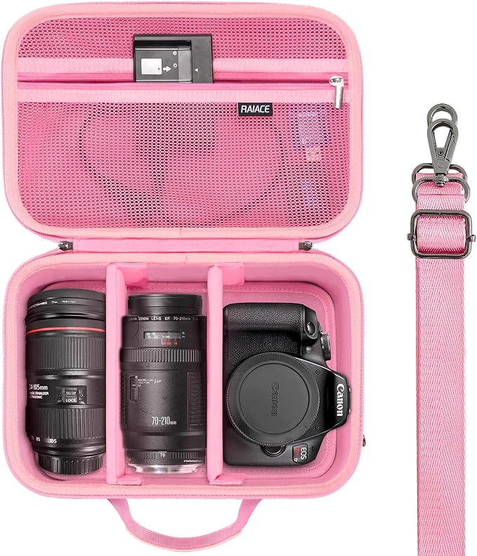 RAIACE Hard Carrying Case Compatible with Canon EOS Rebel T7/ T100/ T6/ R100/ R50/ R5/ R7/ R8, for Sony, for Nikon Camera. Large Capacity Camera Bag for Lens, Cables, Cards and Accessories. - Pink by RAIACE