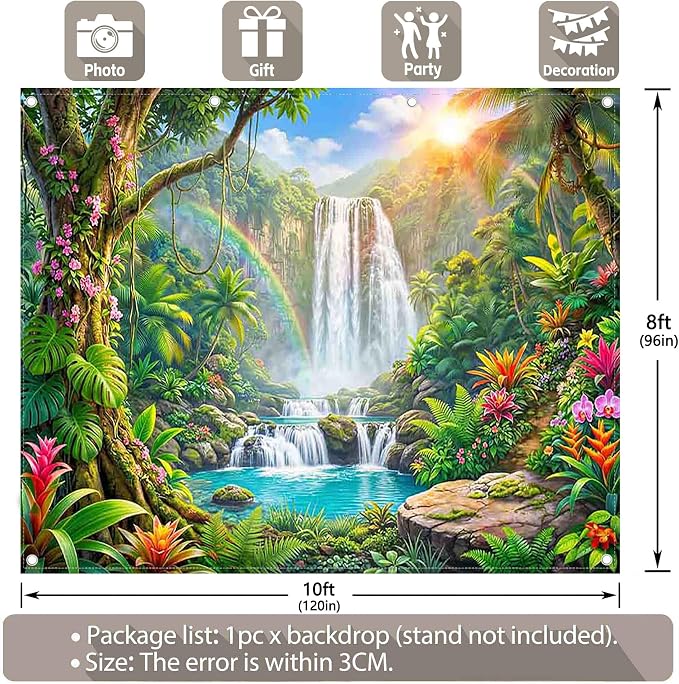 Fabric 10x8ft Rainforest Backdrop Tropical Jungle Waterfall Banner | Summer Event Natural Scenery Photography Background, Kids Adult School Party Decorations, Classroom Photo Props, Polyester - Image 3
