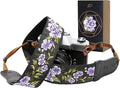 Padwa Lifestyle Purple Flower Camera Strap - 2" Double Layer Cowhide Head Camera Straps for Photographers，Adjustable Neck & Shoulder Vintage Jacquard Embroidery Flower Cotton Strap for all Cameras by PadwaLifestyleCameraStrap
