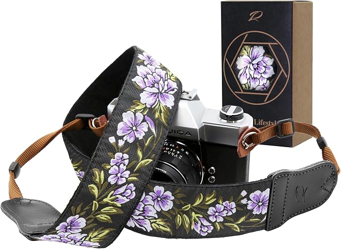 Padwa Lifestyle Purple Flower Camera Strap - 2" Double Layer Cowhide Head Camera Straps for Photographers，Adjustable Neck & Shoulder Vintage Jacquard Embroidery Flower Cotton Strap for all Cameras by PadwaLifestyleCameraStrap