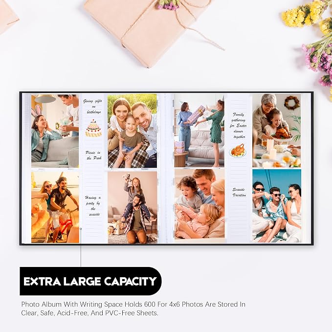 Photo Album 4x6 Vertical 600 Photos with Writing Space, Black | Linen Cover, Acid-Free Pages, Clear PP Pockets, Memo Writing Space, Front Display Window, Family, Wedding & Travel Memories - Image 2