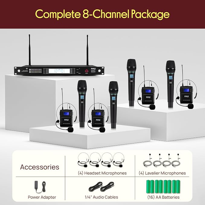 Pyle 8 Channel UHF Wireless Microphone System with 4 Handheld, 4 Lavalier & 4 Headset Microphones, 300 Ft Range & Rack Mount Receiver for Church, Conferences & Live Events - Image 7