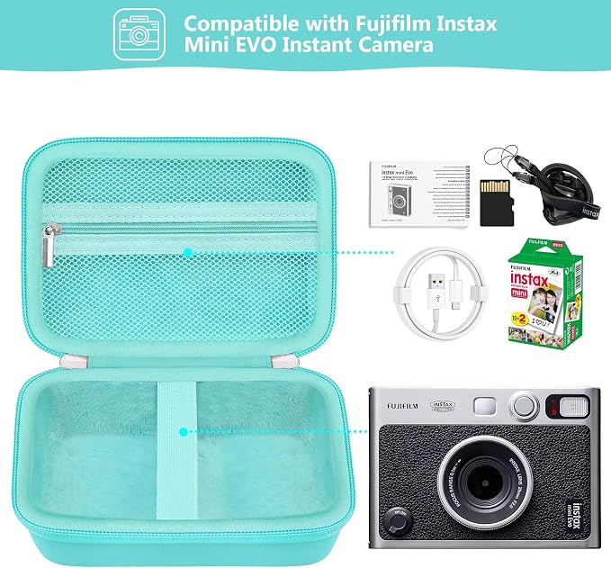Carrying Case Compatible with Fujifilm Instax Mini EVO Instant Camera, INSTAX MINI EVO Camera Storage Holder Travel Bag with Mesh Pocket for Photos, USB Cables, Film, Green - Image 2