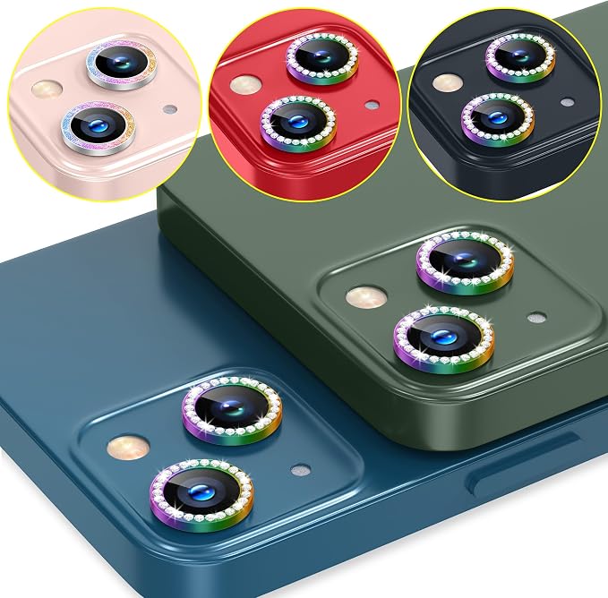 AGVEE 3+3 6 Pack for iPhone 13 & Mini Camera Lens Protector Cover | Individual Bling Diamond & Bling Glitter Sparkle Cute Gem Metal Ring, 9H Tempered HD Glass - Image 7