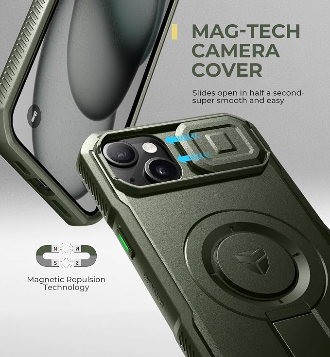 Dexnor for iPhone 14 Pus/15 Plus Case with Slide Camera Cover & Adjustable Kickstand, Compatible with MagSafe, Rugged Shockproof Bumper Cases Heavy-Duty Magnetic Protective Cover,6.7 inch,Army Green - Image 4