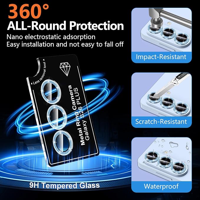 for Samsung Galaxy S26 Plus Camera Lens Protector, Individual Metal Ring Tempered Glass Lens Cover, [Strong Adsorption] Scratch Resistant Ultra-Thin HD Clear Lens Cover, 1 Set-Blue Sparkly - Image 2