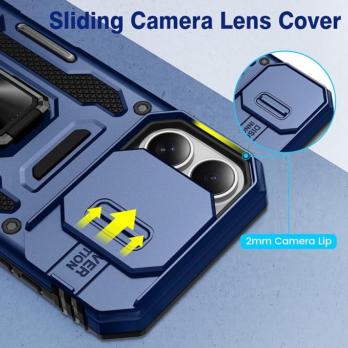 VEGO for iPhone 16 Case with Stand and Slide Camera Cover Blue | Privacy Tempered Glass Screen Protector & Ring Kickstand Military Grade Heavy Duty Protection Cover for iPhone 16 - Blue - Image 5