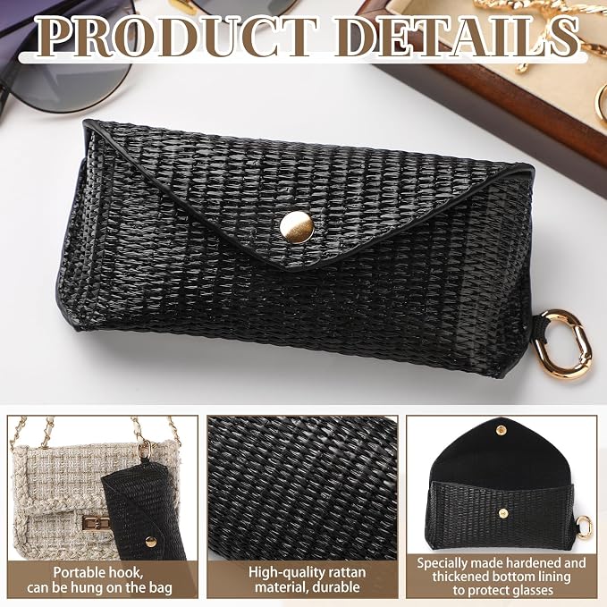 Leinuosen Woven Straw Sunglasses Case with Clip Hard Shell Rattan - Image 3