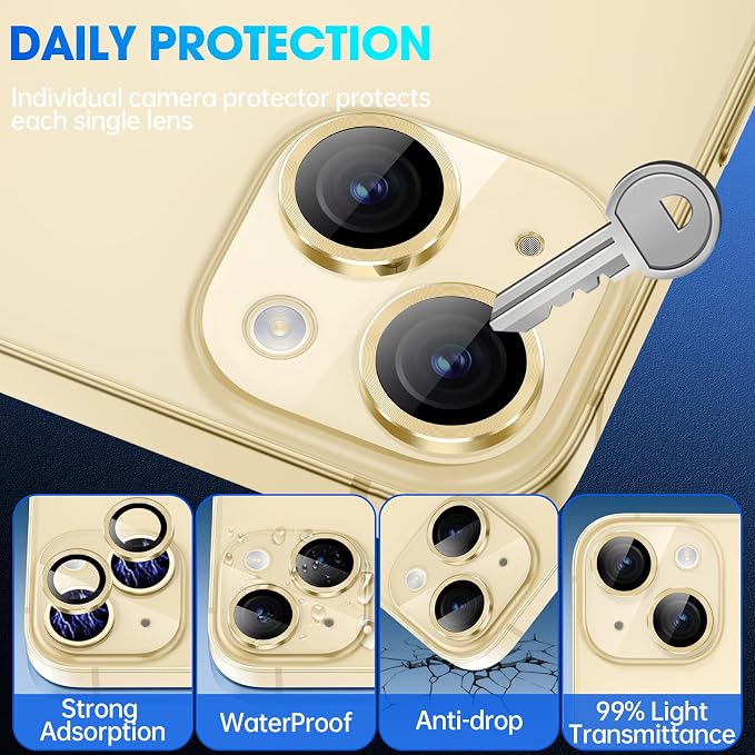 for iPhone 15/iPhone 15 Plus Camera Lens Protector Cover, Yellow | Individual Metal, 9H Hardness, Scratch Resistant, Shockproof, Drop Protection, Case Friendly, Stylish Accessories - Image 3