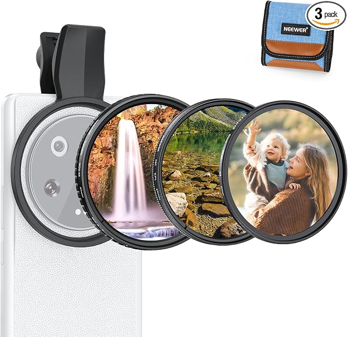 NEEWER 67mm Variable ND Filter Set Compatible with Android, 3 Pack Clip On CPL + ND2-32 + Black Diffusion 1/4 Filter for Mist Cinematic Effect Photography Accessories Kit, FL-B38 by Neewer