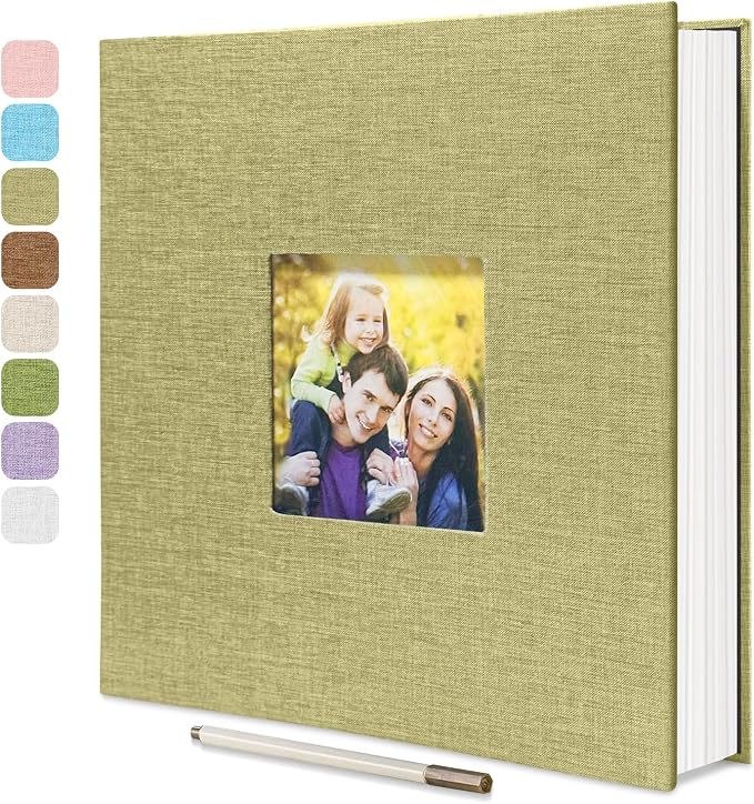 Large Photo Album Self Adhesive with Picture Display Window, DIY Scrapbook Album for 4x6 8x10 Pictures, 40 Pages Light Matcha Linen Cover Memory Book with Scraper and Metallic Pen by HoneyTolly