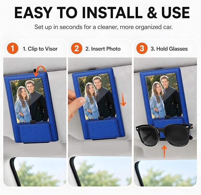 2-in-1 Car Visor Sunglasses & Photo Holder, Magnetic PU Leather Glasses Clip with Picture Display Slot, Universal Sun Visor Organizer for Eyeglasses, Personalized Cards & Memories, Royal Blue - Image 4