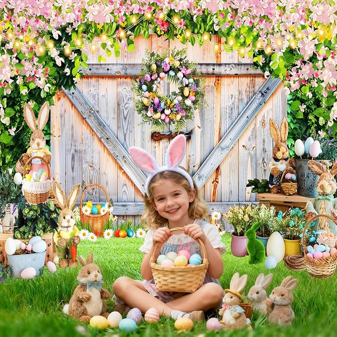 Easter Photo Backdrop for Photography, 8x6ft | Spring Wall Background for Photoshoot, Green Grass, Bunny Eggs, Rustic Barn Door, for Outdoor, Family Party Decorations - Image 2