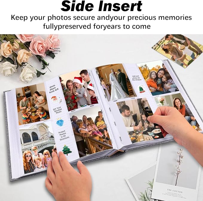 Photo Album 4x6 Vertical 600 Photos with Writing Space, Grey | Linen Cover, Acid-Free Pages, Clear PP Pockets, Memo Writing Space, Front Display Window, Family, Wedding & Travel Memories - Image 5