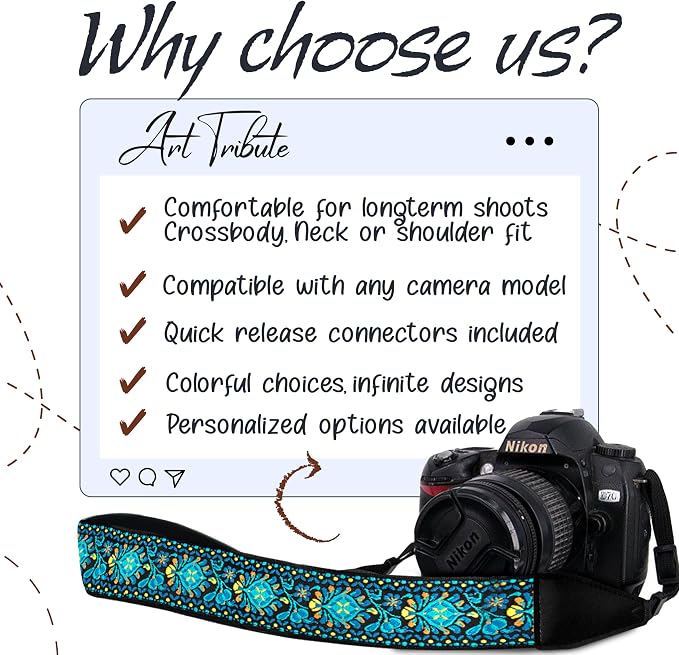 Art Tribute Camera Strap - Shoulder, Crossbody & Neck Camera Strap for Photographers, Fits All Cameras, Canon Nikon Sony Fujifilm, Padded Strap W/Quick Release, Embroidered Cotton & Leather Ends - Image 9