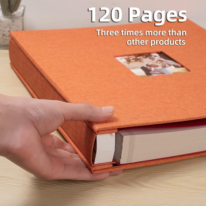 HoneyTolly Large Photo Album Self Adhesive, DIY Scrapbook Album for 600 Photos, 13"x12.6" 120 Pages Linen Cover Memory Book(Orange) - Image 5