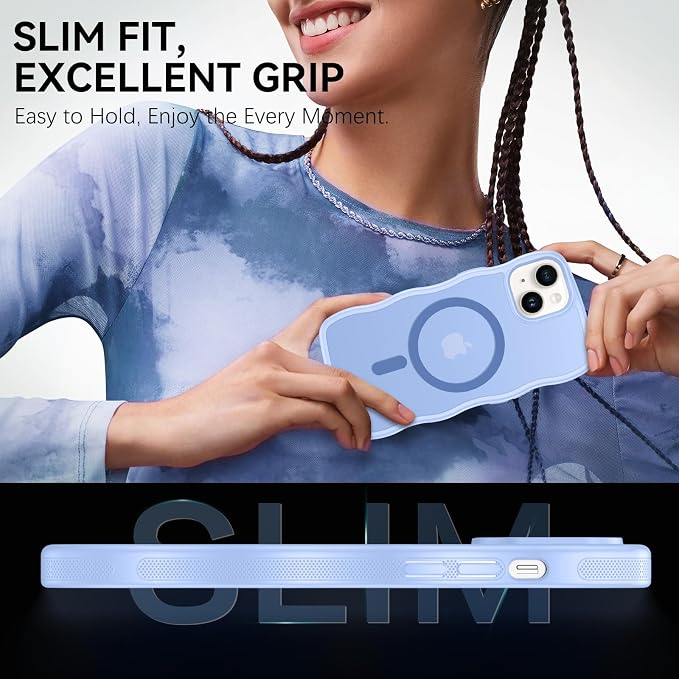 BENTOBEN Magnetic for iPhone 13 Case iPhone 14 Case, Cute Wavy [Full Camera Protection][Compatible with MagSafe] Matte Anti-Slip Bumper Women Girls Boys Protective Cover for 13/14 6.1" Mist Blue - Image 3