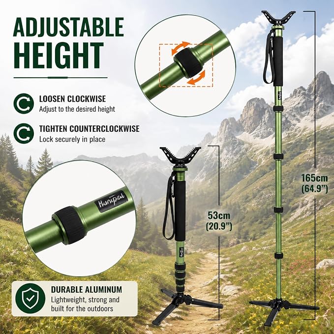 Hunting Monopod Shooting Tripod Stick Gun Rifle Rest | Tiltable and Horizontally Rotatable Tri-Stand Tripod Base, 21"-65" Height Adjustment, Matt Aluminum Construction - Image 5