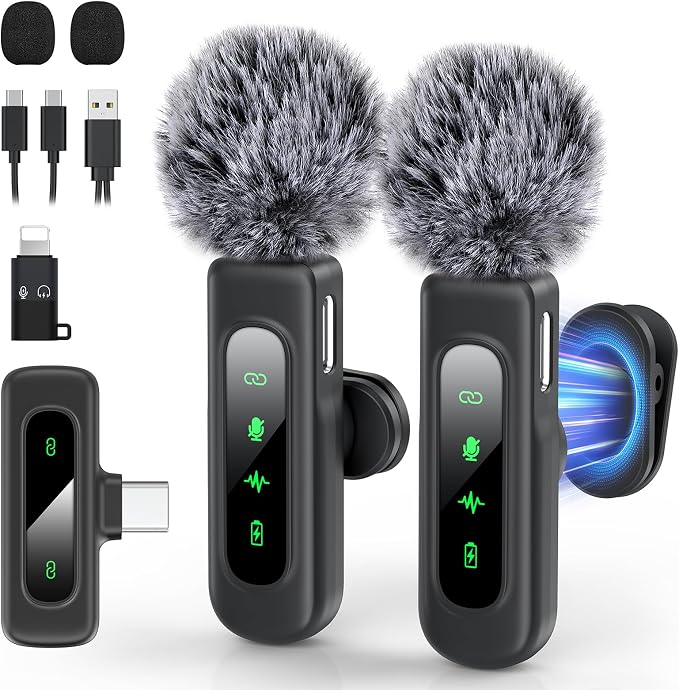 Wireless Microphone for iPhone & Android, 2-Pack Mini Lavalier Mic | 2 magnetic clip-on mics with noise reduction, 360° rotating clips, up to 70 ft range, and 16 hours of combined battery life by Unknown