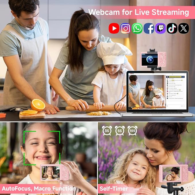 Digital Camera, FHD 4K Autofocus Digital Camera Pink with 64GB SD Card 16X Zoom, 2026 Upgraded Compact Cameras for Photography Point and Shoot Small Camera for Teen Boys Girls Kids Travel Adventures - Image 6