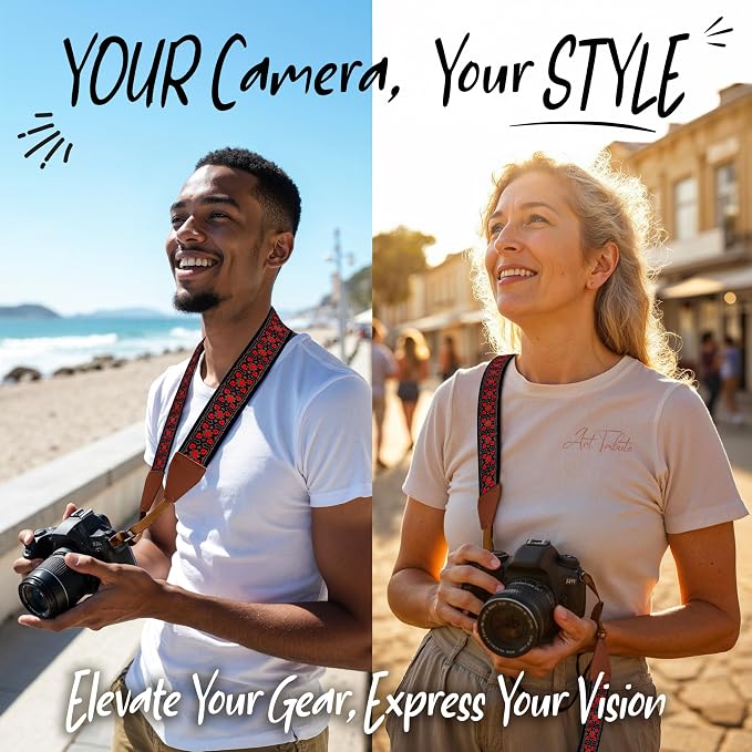 Art Tribute Camera Strap - Shoulder, Crossbody & Neck Camera Strap for Photographers, Fits All Cameras, Canon Nikon Sony Fujifilm, Padded Strap W/Quick Release, Embroidered Cotton & Leather Ends - Image 2