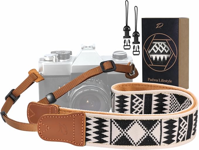 Padwa Lifestyle Diamonds Camera Strap - 1.5" Crazy Horse Cowhide Ends Camera Straps for Photographers, Cute Cotton Weave Soft Suede Fabric Padded Strap fits All Cameras for Adults & Kids by PadwaLifestyleCameraStrap