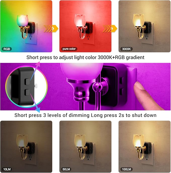 JandCase Night Light, Color Changing Night Lights Plug into Wall RGB | Glass Tulip LED Nightlight, Dimmable Flower Nightlights, Dusk to Dawn Sensor, 180° Rotating Vintage Nite Light for Bathroom - Image 4
