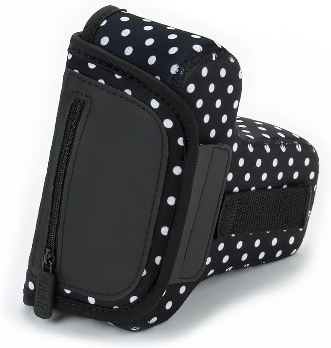 USA Gear Camera Sleeve (Medium) for Compact SLRs Compatible with Canon EOS R100 Nikon Z30 Sony ZV-E10, and more - Padded Neoprene DSLR Case with Zipper Accessory Pocket & Belt Loop (Polka Dot) - Image 7