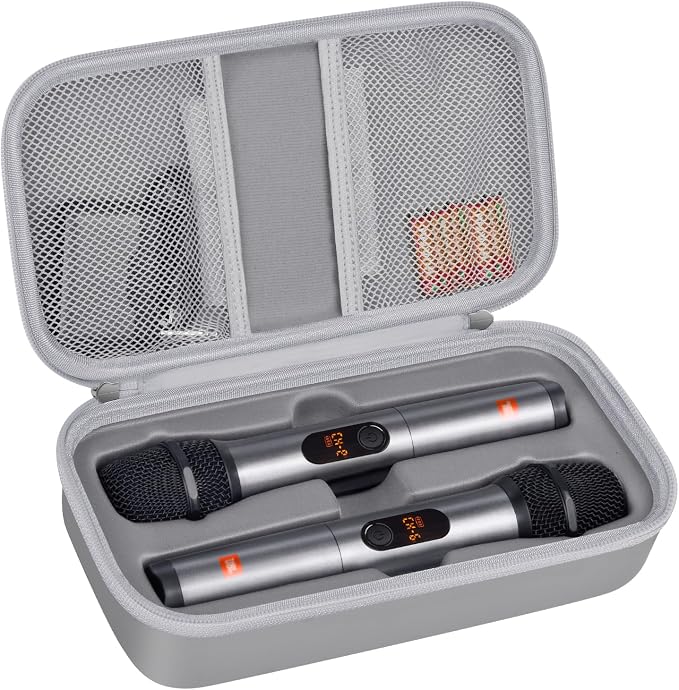 Wireless Microphone Case Compatible with JBL Wireless Two Microphone System, Handheld Dual Mic Travel Bag for Singing or Karaoke for Receivers, Adapters, AA Batteries by Againmore