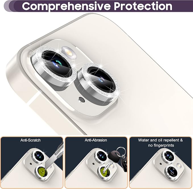 Suoman for iPhone 14 6.1 inch / 14 Plus 6.7 inch Camera Lens Protector, 9H Tempered Glass Film, Metal Frosted Independent Protective Cover [Glitter Diamonds]- Silver - Image 4