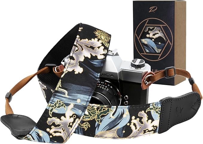 Padwa Lifestyle Blue Wave Camera Strap - 2" Cowhide Leather Head Cotton Camera Straps for Photographers,Vintage Japanese Art Print Adjustable Neck & Shoulder Strap for ALL DSLR/SLR Cameras by PadwaLifestyleCameraStrap