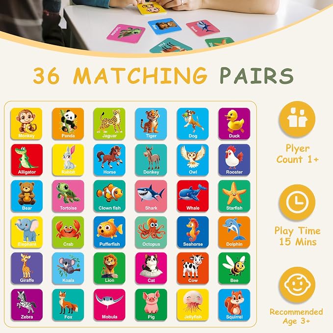 72 PCS Memory Match Game, Animal Matching Game for Kids 3 and up, Enhanced Memory Skills Card Games for Kids Ages 4-8 - Image 2