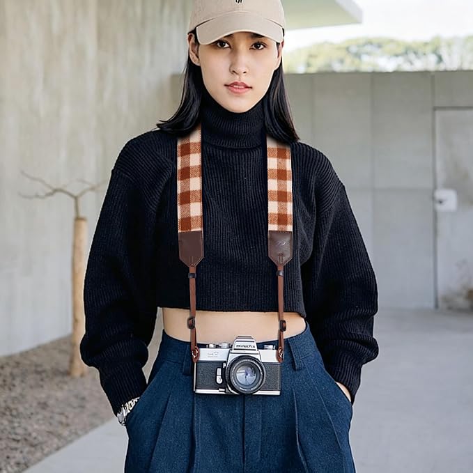 Padwa Lifestyle Camera Strap - 2" Full Grain Leather Ends Camera Straps for Photographers, Unique Vintage Cashmere and Soft Suede Fabric Padded Strap Quick Release fits All Cameras(Beige Brown Check) - Image 2