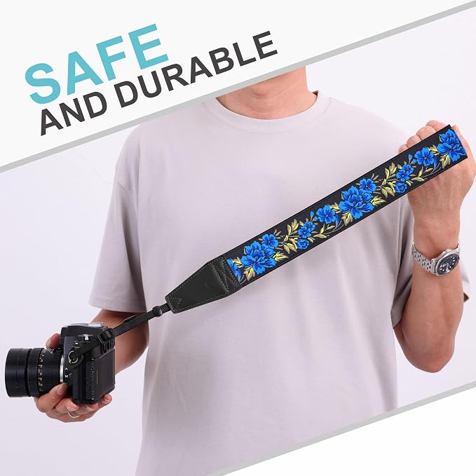 Padwa Lifestyle Blue Rose Camera Strap - 2" Full Grain Leather Ends Camera Straps for Photographers, Vintage Embroidered Cotton Soft Suede Fabric Padded Strap Quick Release fits All Cameras - Image 4