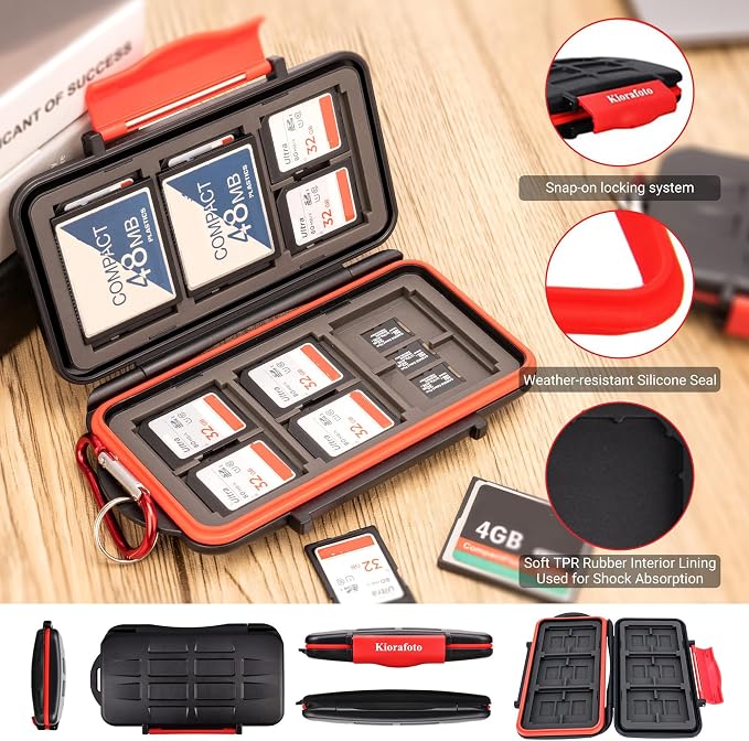 Kiorafoto 36 Slot Memory Card Holder for 18 TF + 12 SD + 6 Compact Flash | IPX5 Water-Resistant,SD SDHC SDXC Micro SD TF MSD CF Card Holder Wallet,Hard Shell with Rubber Interior & Carabiner - Image 4