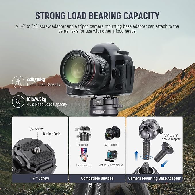 NEEWER LITETRIP LT32 Camera Travel Tripod, Carbon Fiber Portable Stand, Ball Head Detachable Center Axis Flip Buckle Cleaning Cloth Arca QR Plate Compatible with PD (Former TP62) - Image 6
