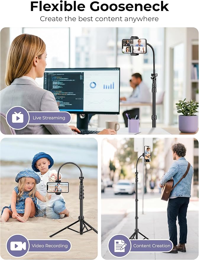 Phone Tripod Stand, 81" Tall Cellphone Tripod for iPhone with Gooseneck | Flexible Portable Phone Stand for Recording with Remote, Compatible with iPhone 17 16 15 Pro Android Camera - Image 2