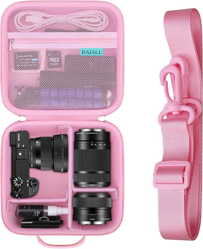 RAIALL Case for Sony Alpha ZV-E10/a6000/a6400/a6700/7 II IV Camera, Pink | for a6100/a6600/ZV-E10 II/ZV E1 Mirrorless Digital Camera and Lens, Hard Travel Bag with a Shoulder Strap and 3 Dividers by RAIALL