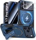 Goton 3 in 1 for iPhone 17 Pro Max Case with Privacy Screen Protector Blue | Glass Camera Lens Protector,Compatible for MagSafe,Invisible Kickstand, Shockproof Phone Cover for iPhone 17 Promax by Goton
