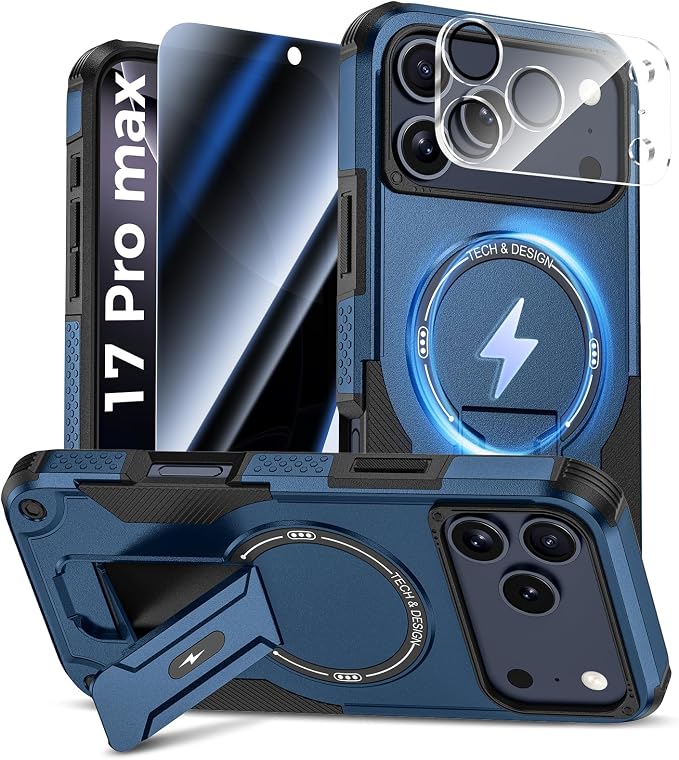 Goton 3 in 1 for iPhone 17 Pro Max Case with Privacy Screen Protector Blue | Glass Camera Lens Protector,Compatible for MagSafe,Invisible Kickstand, Shockproof Phone Cover for iPhone 17 Promax by Goton