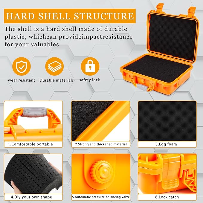 Relaxweex 1 Pcs Waterproof Hard Case with DIY Customizable Foam Insert Portable Protective Case with Knife for Camera Drones Equipments Tools Test Instruments(Orange,8.5 x 6.5 x 3.7 Inch) - Image 3