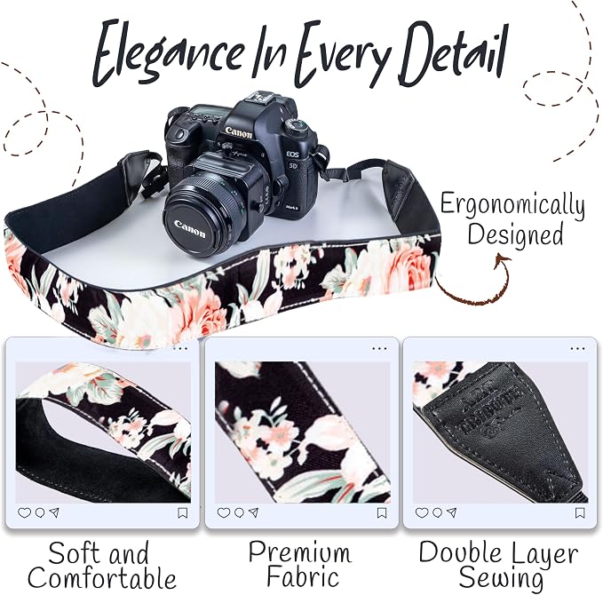 Art Tribute Camera Strap - Shoulder, Crossbody & Neck Camera Strap for Photographers, Fits All Cameras, Canon Nikon Sony Fujifilm, Padded Strap W/Quick Release, Embroidered Cotton & Leather Ends - Image 3