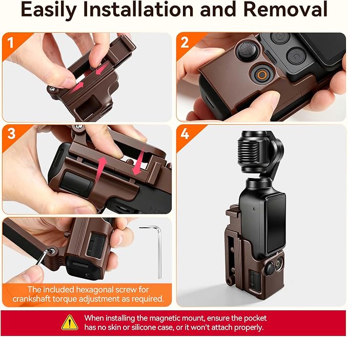 AMAZEAR Magnetic Mount Stand Compatible with DJI Osmo Pocket 4P/4/3/Xtra Muse, Pocket4 Accessories Adapter Clamp Magnet Suction Case Holder on Desktop/Vertical Surface, 180° Adjustable Handle, Brown - Image 9